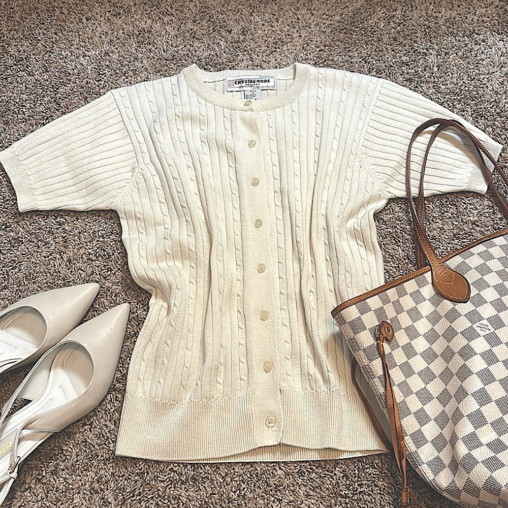Vintage old money cream short-sleeve button down sweater cardigan